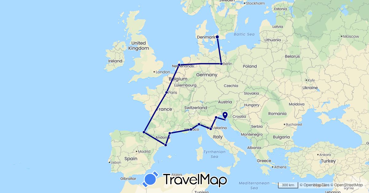 TravelMap itinerary: driving in Germany, Denmark, Spain, France, Croatia, Italy, Netherlands (Europe)